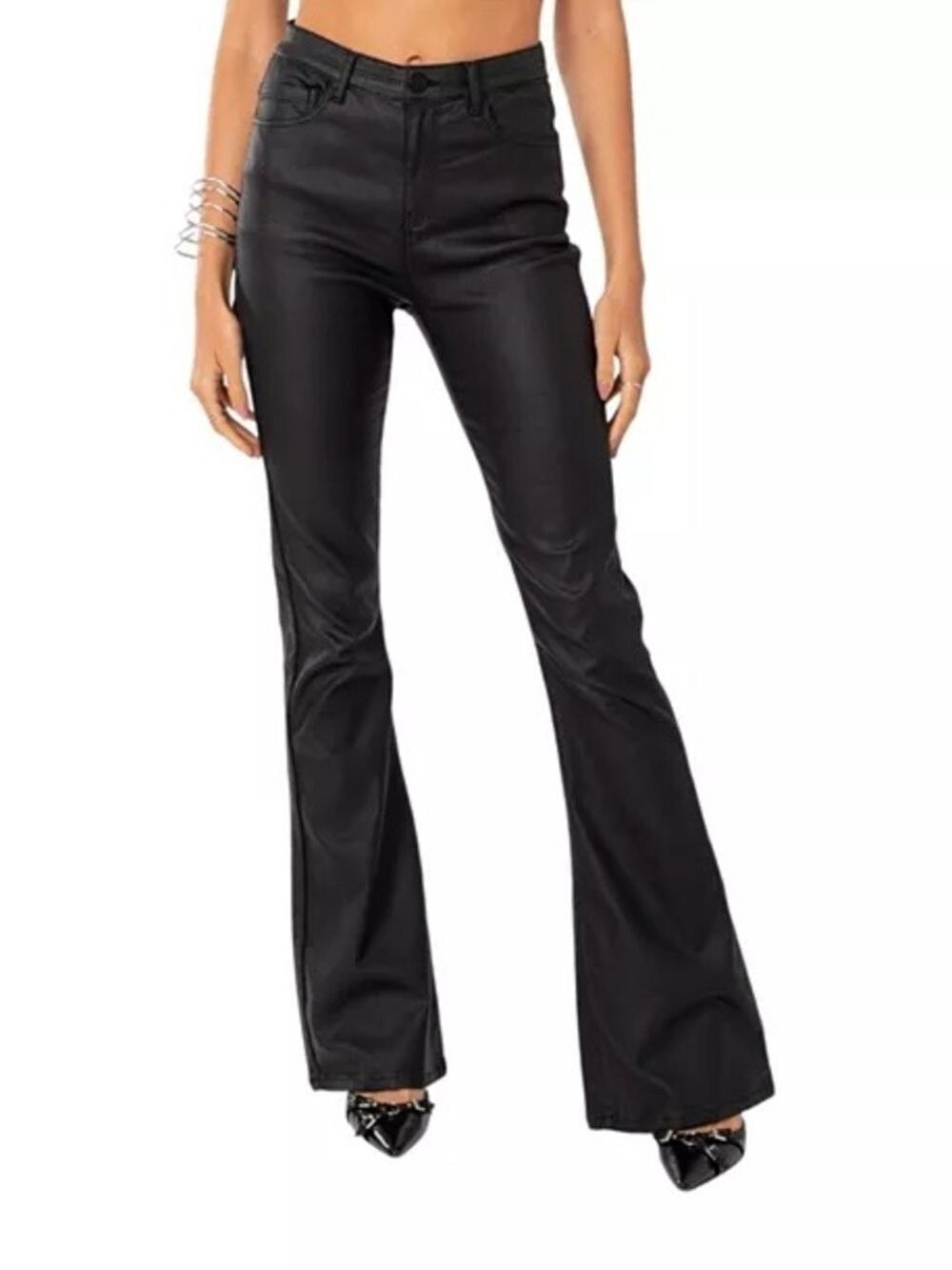 Edikted
Luna Flare Jeans in Black Coated Stretch Denim. Size Large